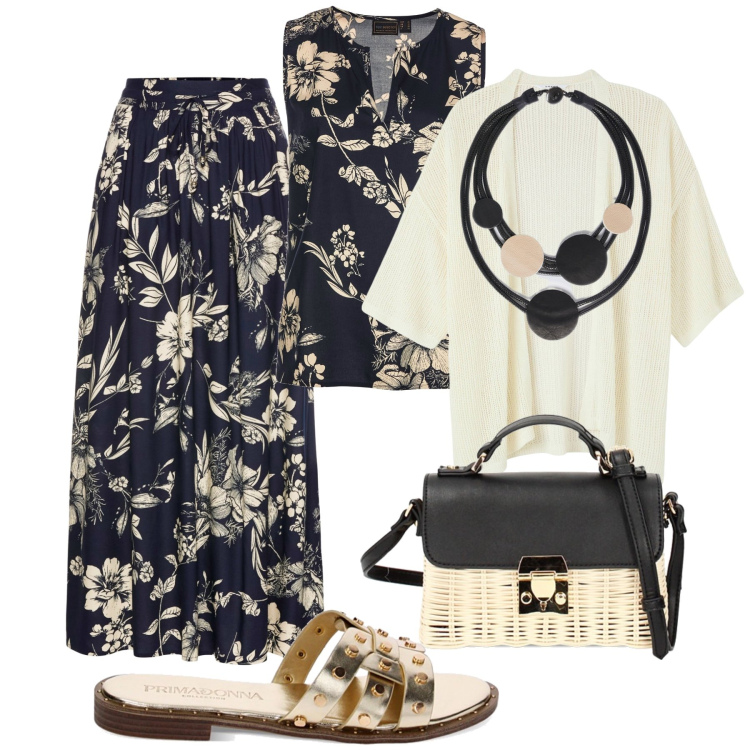 Outfit donna - Tendenza floreale per la sera. Stile Trendy per Serata fuori. Abbinamento con gonne lunghe, top, kimono, borse a tracolla, sandali, collane.