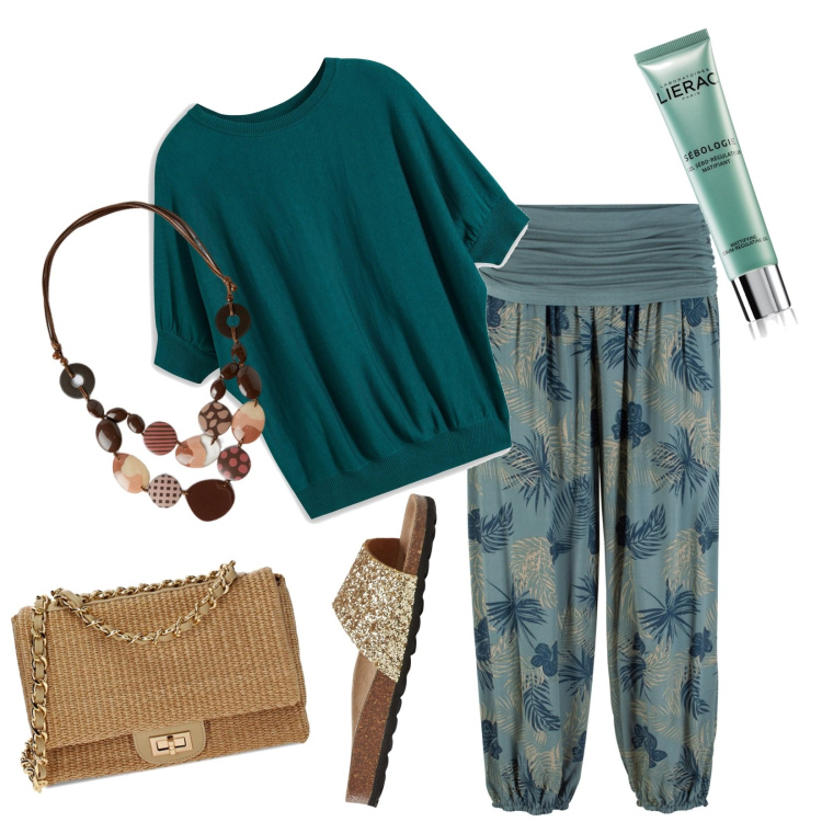 Outfit donna - Pantaloni estivi. Stile Casual per Tutti i giorni. Abbinamento con pantaloni, maglieria, ciabatte, correttori, borse a tracolla, collane.