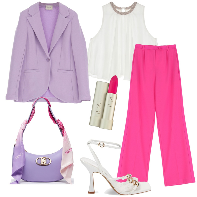 Outfit donna - Barbie style. Stile Glamour per Cerimonia. Abbinamento con rossetti, pantaloni, sandali col tacco, top, blazer, borse a spalla.