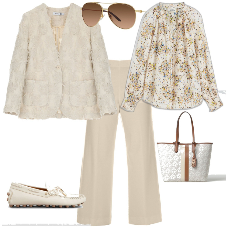 Outfit donna - Trendy ufficio week end. Stile Trendy per Ufficio. Abbinamento con tuniche, blazer, occhiali da sole, borse tote, pantaloni, mocassini.