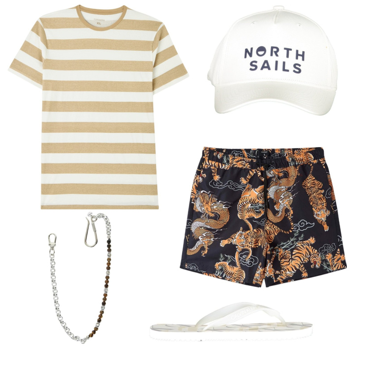 Outfit uomo - Spiaggia. Stile Casual per Mare. Abbinamento con t-shirt, bermuda, collane, sandali, cappelli con visiera.