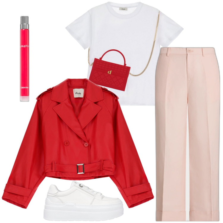 Outfit donna - Rosso trend. Stile Trendy per Serata fuori. Abbinamento con profumi, sneakers, pantaloni, blazer, t-shirt.