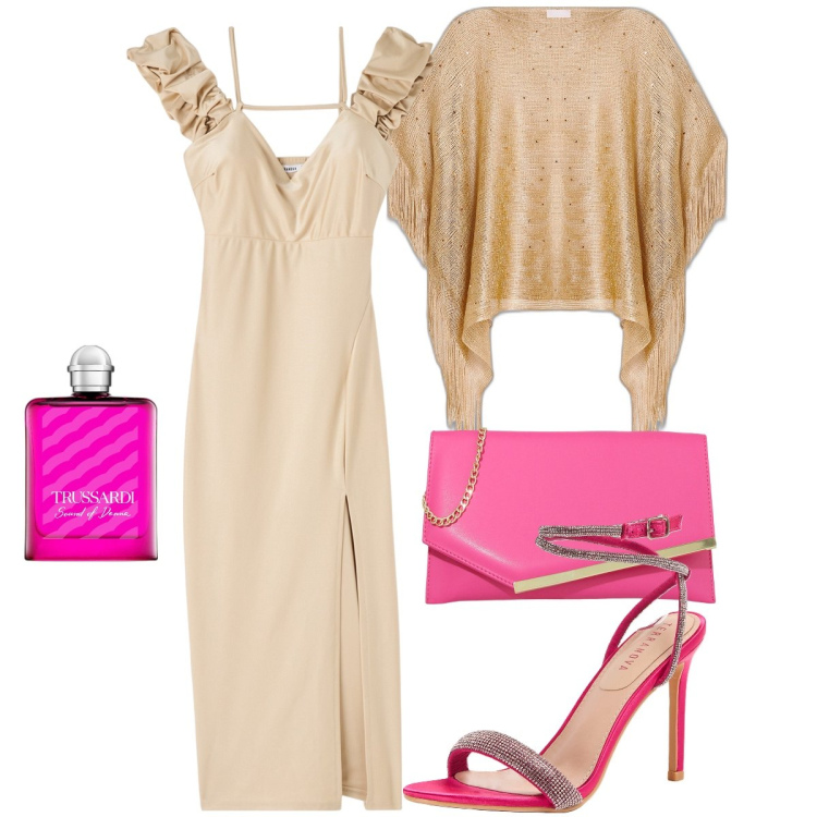 Outfit donna - L’abito con la mantella. Stile Glamour per Cerimonia. Abbinamento con profumi, vestiti lunghi, sandali col tacco, pochette, cappotti.