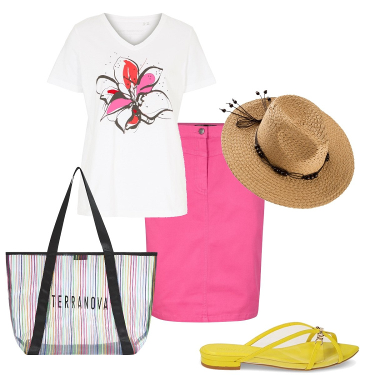 Outfit donna - Passeggiata sul lungomare. Stile Casual chic per Mare. Abbinamento con gonne, t-shirt, cappelli, shopping bag, sandali.