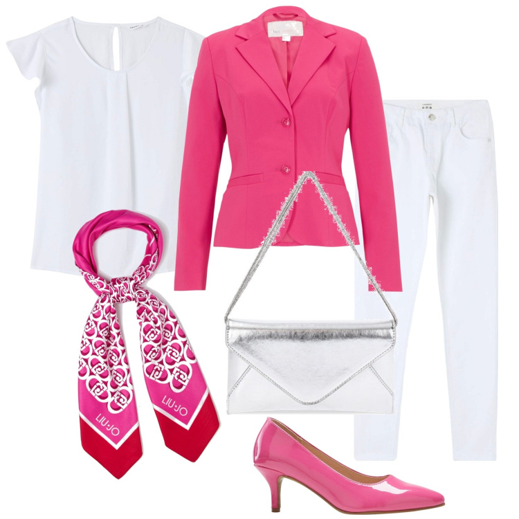 Outfit donna - Total look #1878329. Stile Chic per Tutti i giorni. Abbinamento con blazer, décolleté, bluse, pantaloni, pochette, foulard.