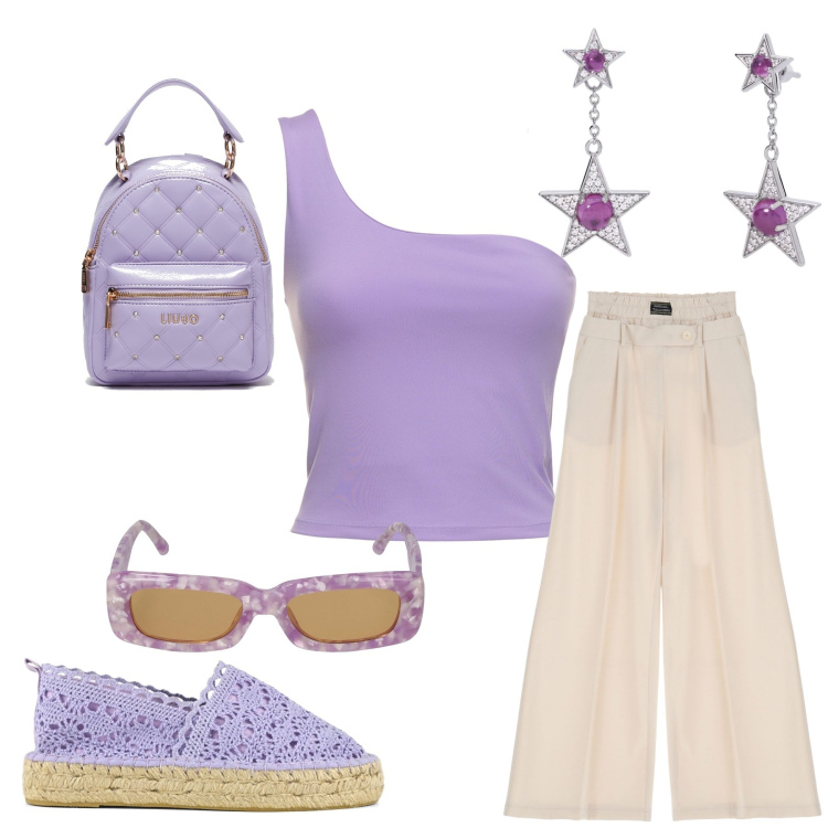 Outfit donna - Total look #1878333. Stile Glamour per Tutti i giorni. Abbinamento con orecchini, pantaloni a palazzo, espadrillas, zaini, occhiali da sole, canottiere.