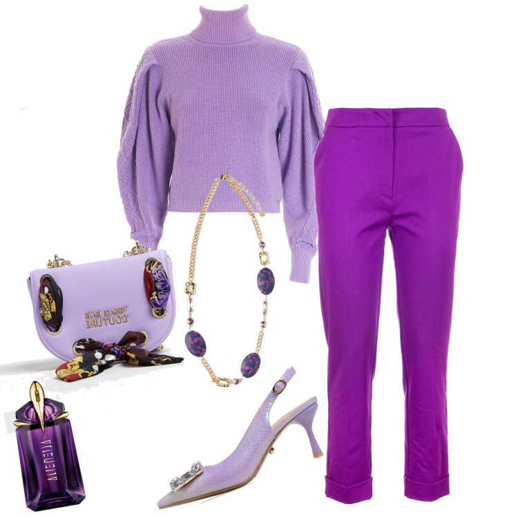 Outfit donna - Lillà. Stile Chic per Serata fuori. Abbinamento con profumi, maglieria, pantaloni, borse a spalla, ciondoli, décolleté.