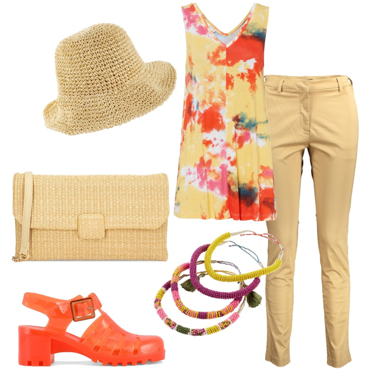 Outfit donna - Top lungo svasato. Stile Casual per Tutti i giorni. Abbinamento con top, cappelli, braccialetti, pochette, sandali col tacco, pantaloni.