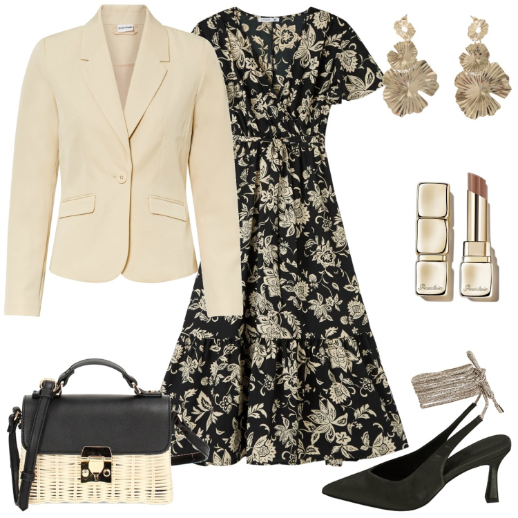 Outfit donna - Blazer dai toni neutri per una cena!. Stile Chic per Serata fuori. Abbinamento con blazer, rossetti, vestiti lunghi, borse a tracolla, décolleté, orecchini.