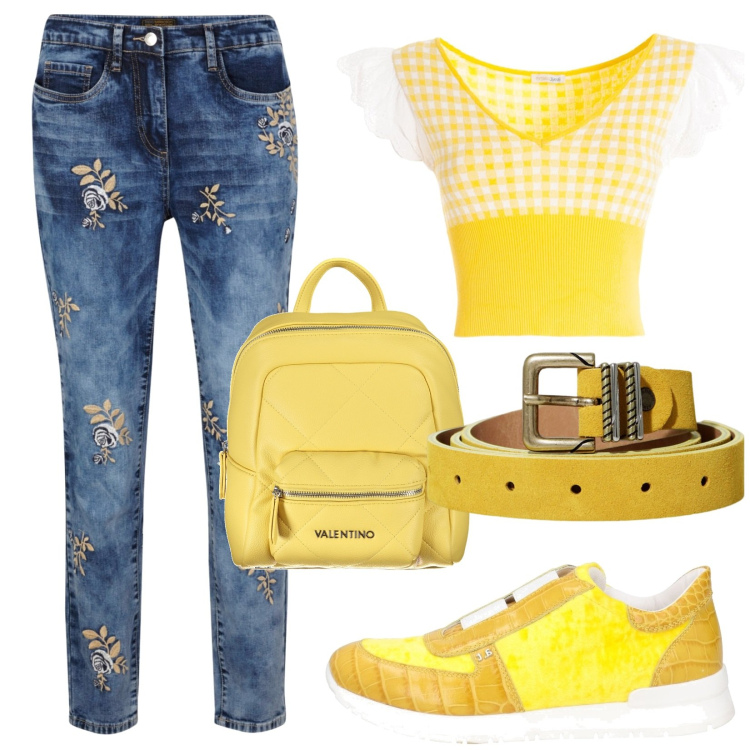 Outfit donna - Total look #1878371. Stile Casual chic per Tutti i giorni. Abbinamento con jeans, sneakers, top, cinture, zaini.