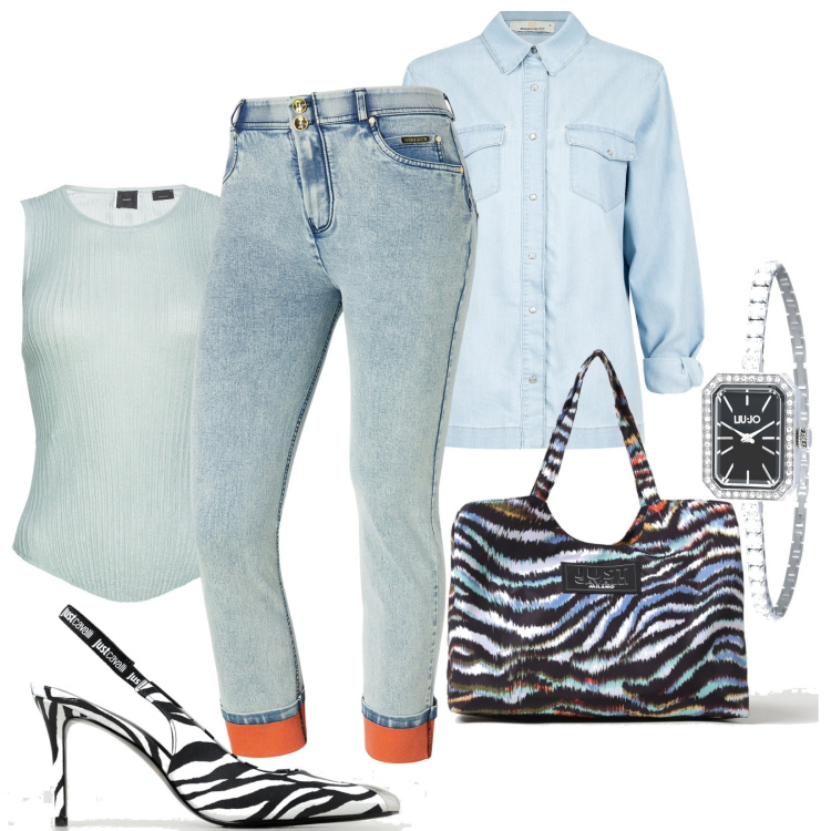 Outfit donna - Camicia da portare annodata. Stile Trendy per Tutti i giorni. Abbinamento con top, camicie, jeans dritti, borse tote, orologi, scarpe col tacco.