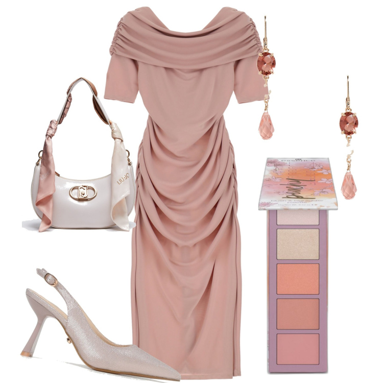 Outfit donna - Serata. Stile Chic per Serata fuori. Abbinamento con blush, vestiti midi/longuette, orecchini, borse a spalla, scarpe col tacco.