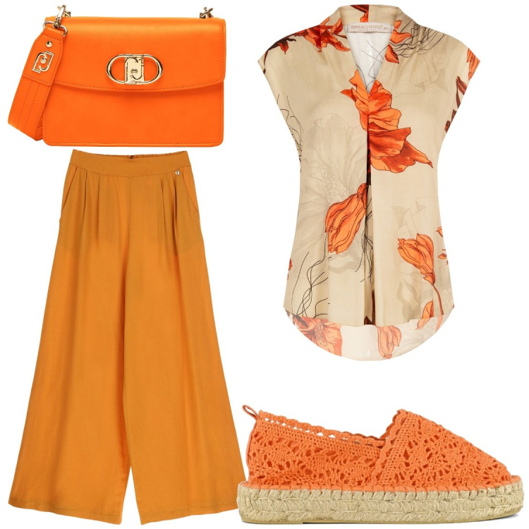 Outfit donna - Fiori arancio. Stile Casual chic per Tutti i giorni. Abbinamento con bluse, pantaloni a palazzo, espadrillas, borse a tracolla.