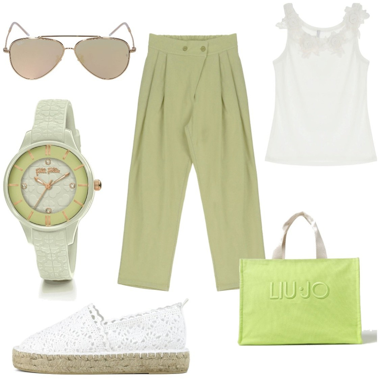 Outfit donna - Tocco verde. Stile Casual chic per Tutti i giorni. Abbinamento con orologi, pantaloni, top, espadrillas, borse tote, occhiali da sole.