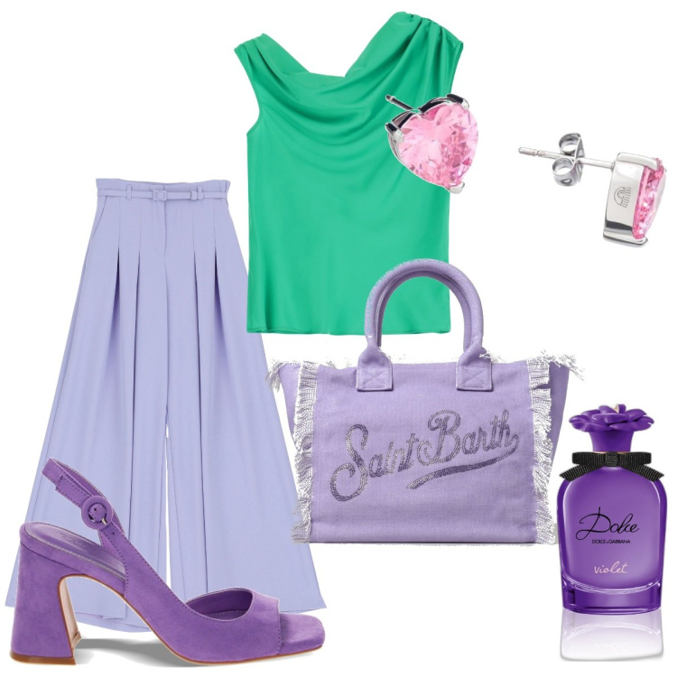 Outfit donna - Una splendida giornata primaverile. Stile Casual chic per Tutti i giorni. Abbinamento con orecchini, profumi, sandali col tacco, top, pantaloni a palazzo, borse a spalla.