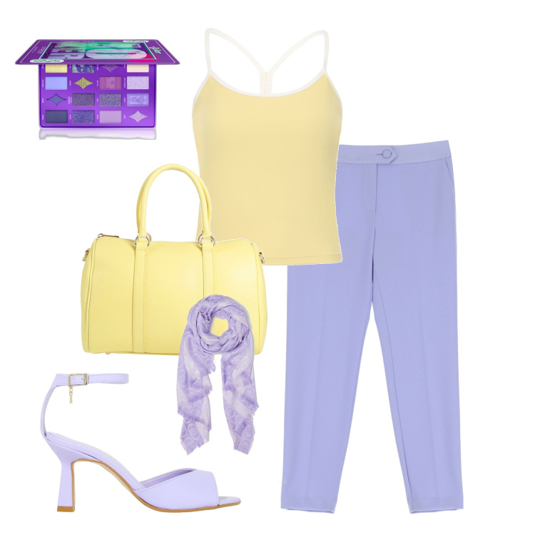 Outfit donna - Lilla e giallo. Stile Trendy per Serata fuori. Abbinamento con borse a mano, ombretti, pantaloni, décolleté, stole, canottiere.