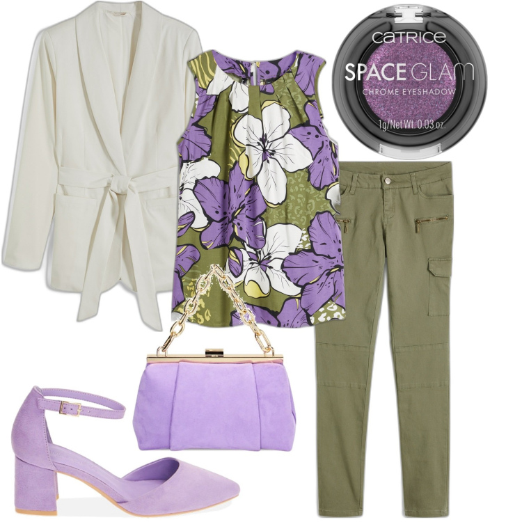 Outfit donna - Aperitivo primaverile. Stile Casual chic per Serata fuori. Abbinamento con pantaloni cargo, top, blazer, ombretti, décolleté, borse a spalla.
