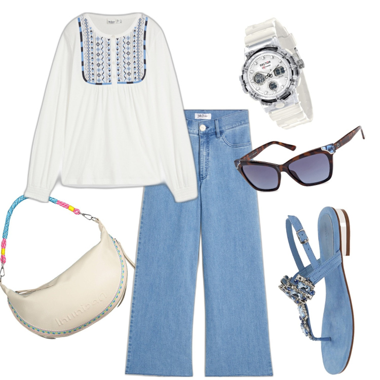 Outfit donna - Tempo libero. Stile Casual per Tutti i giorni. Abbinamento con orologi, jeans, maglieria, ciabatte, occhiali da sole, borse a spalla.