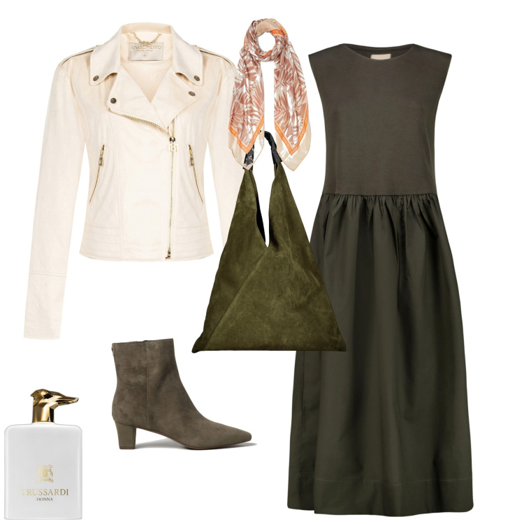 Outfit donna - Casual week end. Stile Casual per Tutti i giorni. Abbinamento con profumi, giacche, vestiti midi/longuette, borse a spalla, stivaletti, foulard.