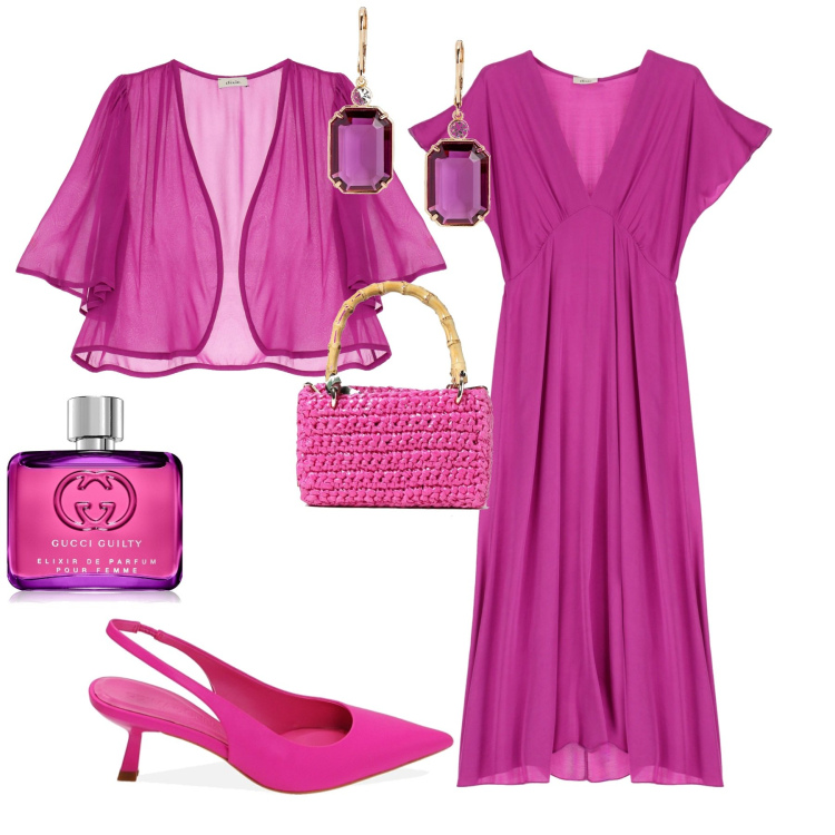 Outfit donna - Chic cerimonia evento serata. Stile Chic per Cerimonia. Abbinamento con profumi, décolleté, vestiti lunghi, cardigans, orecchini, pochette.