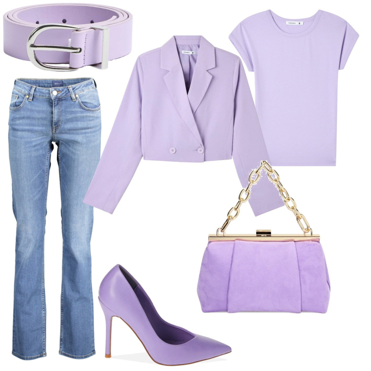 Outfit donna - L\'amica estrosa in lilla. Stile Casual chic per Ufficio. Abbinamento con t-shirt, blazer, cinture, décolleté, borse a spalla, jeans.