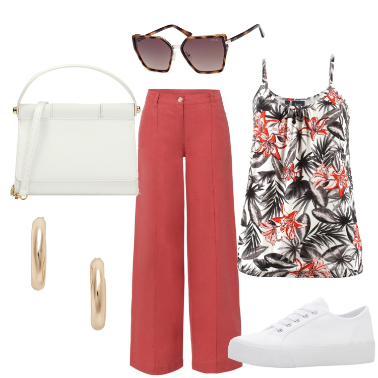 Outfit donna - Total look #1878493. Stile Casual per Ufficio. Abbinamento con pantaloni a palazzo, top, sneakers, pochette, orecchini, occhiali da sole.