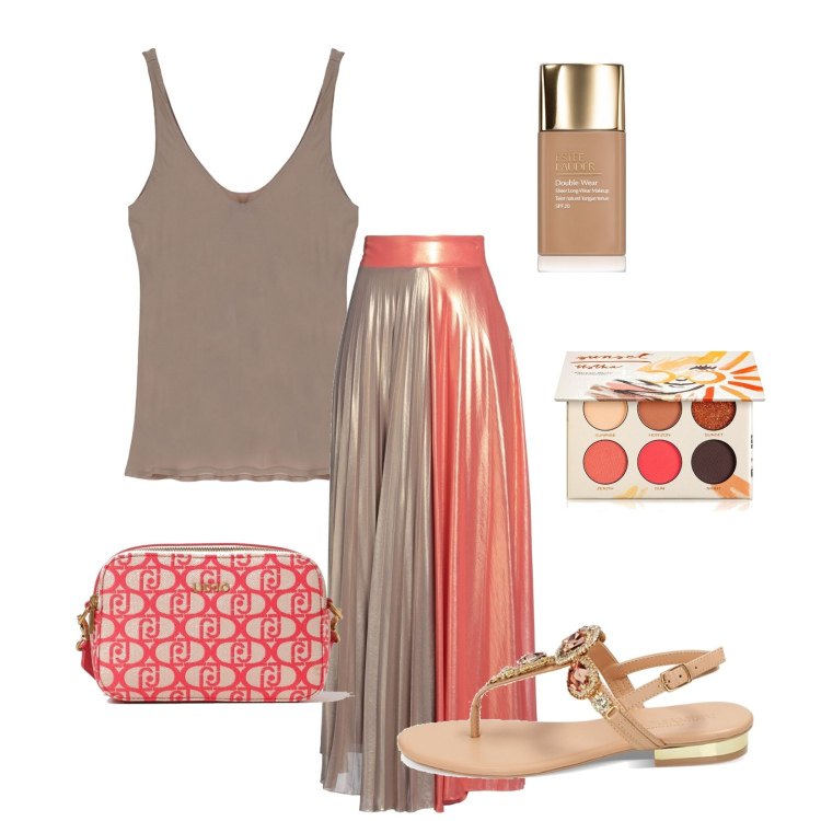 Outfit donna - Tonalità Ambra. Stile Casual chic per Serata fuori. Abbinamento con gonne lunghe, fondotinta, ombretti, ciabatte, canottiere, borse a tracolla.