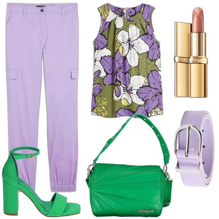 Outfit donna - Dettagli fashion. Stile Casual chic per Tutti i giorni. Abbinamento con top, pantaloni cargo, rossetti, cinture, sandali col tacco, borse a spalla.