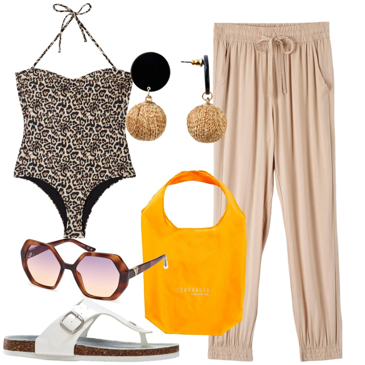 Outfit donna - L\'intero fuori spiaggia. Stile Basic per Mare. Abbinamento con orecchini, infradito, costumi interi, pantaloni, shopping bag, occhiali da sole.