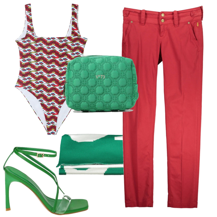 Outfit donna - L\'intero fuori spiaggia. Stile Basic per Mare. Abbinamento con costumi interi, sandali col tacco, sciarpe, pochette, pantaloni.