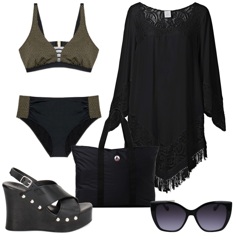 Outfit donna - Bikini confort. Stile Basic per Mare. Abbinamento con vestiti da spiaggia, zoccoli, bikini, borse tote, occhiali da sole.