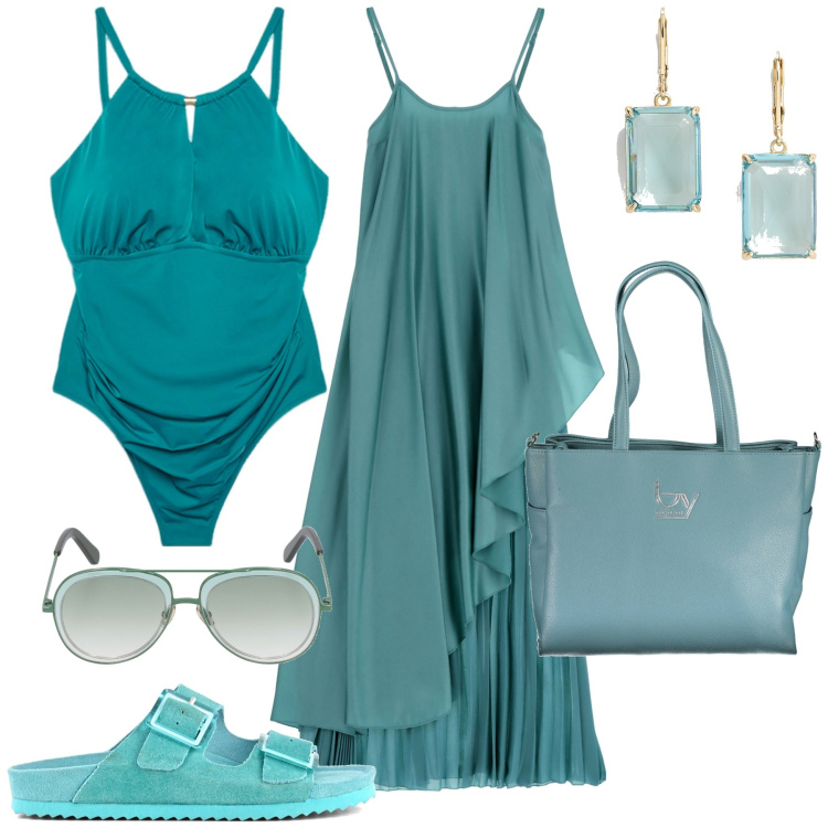 Outfit donna - Monocolore al mare. Stile Basic per Mare. Abbinamento con vestiti lunghi, orecchini, sandali, costumi interi, borse a spalla, occhiali da sole.
