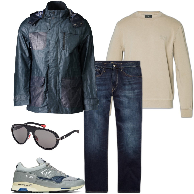 Outfit uomo - Il giubbotto color petrolio. Stile Urban per Tutti i giorni. Abbinamento con sneakers, jeans dritti, giacche, felpe, occhiali da sole.