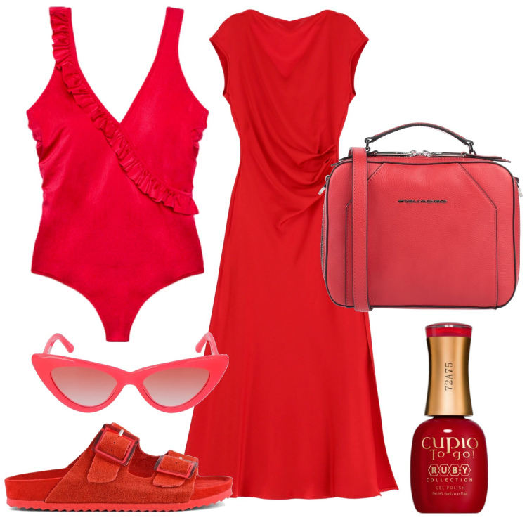 Outfit donna - Monocolore al mare. Stile Basic per Mare. Abbinamento con borse a tracolla, smalti, vestiti midi/longuette, costumi interi, occhiali da sole, sandali.