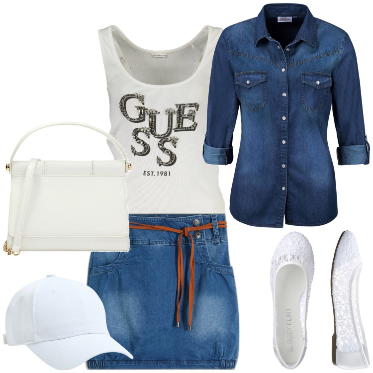 Outfit donna - Total look #1878516. Stile Casual per Tutti i giorni. Abbinamento con camicie, minigonne, ballerine, cappelli, pochette, canottiere.