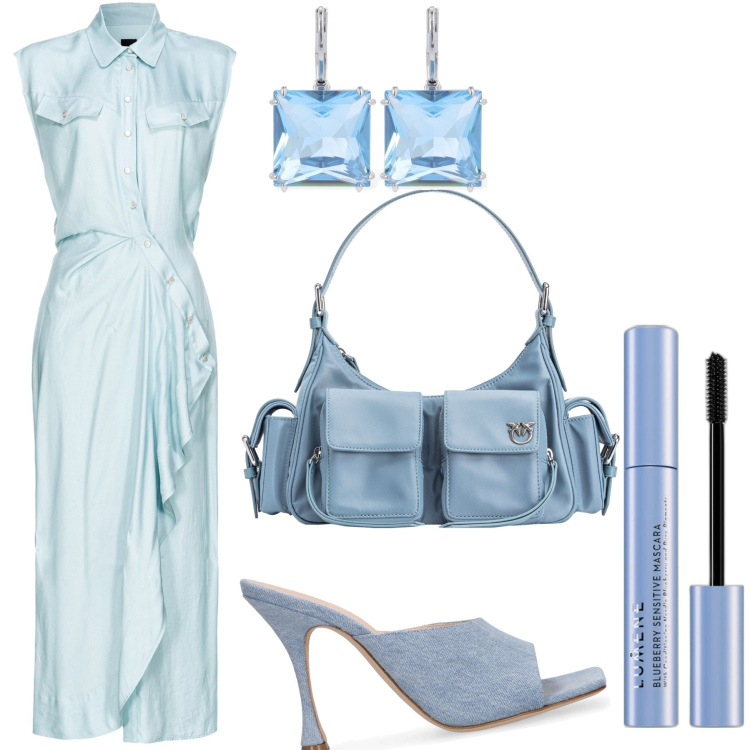Outfit donna - Azzurro acquamarina. Stile Chic per Cerimonia. Abbinamento con mascara, vestiti chemisier, borse a spalla, orecchini, pantofole.