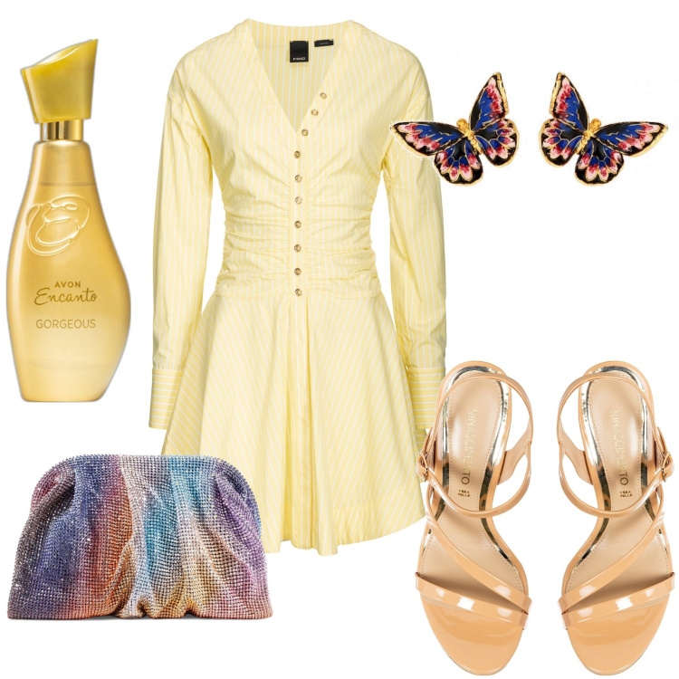 Outfit donna - Cerimonia in corto. Stile Bon Ton per Cerimonia. Abbinamento con orecchini, profumi, vestiti chemisier, sandali in pelle, pochette.