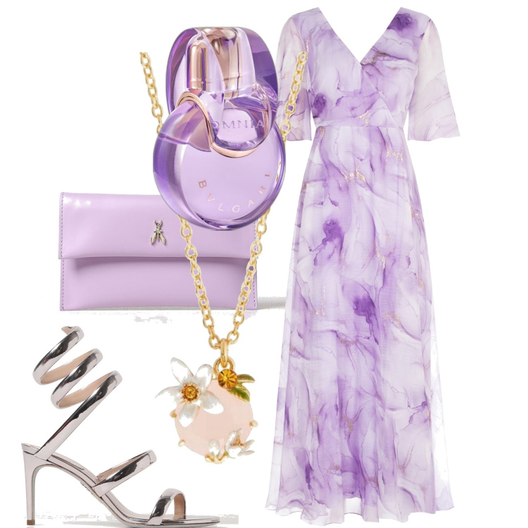 Outfit donna - Bucolico lilla. Stile Romantica per Cerimonia. Abbinamento con collane, profumi, vestiti lunghi, sandali in pelle, borse a tracolla.