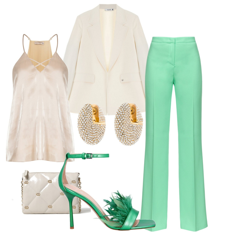 Outfit donna - Cerimonia in blazer. Stile Chic per Cerimonia. Abbinamento con orecchini, pantaloni, top, blazer, borse a tracolla, sandali col tacco.