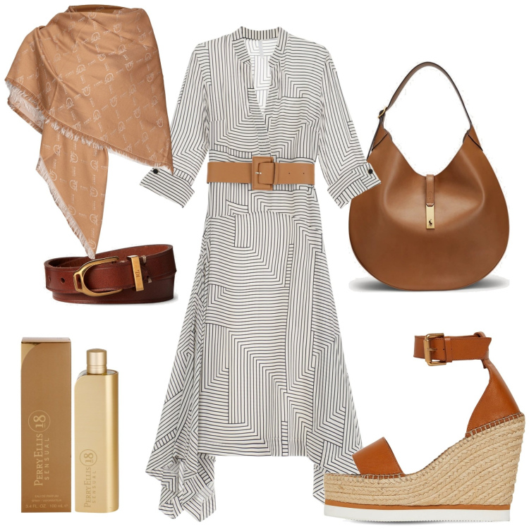 Outfit donna - Cuoio protagonista. Stile Etnico per Tutti i giorni. Abbinamento con profumi, sciarpe, vestiti asimmetrici, borse a spalla, braccialetti, espadrillas.
