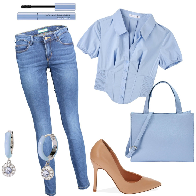 Outfit donna - Total look #1878538. Stile Casual per Tutti i giorni. Abbinamento con mascara, orecchini, camicie a manica corta, shopping bag, décolleté, jeans.