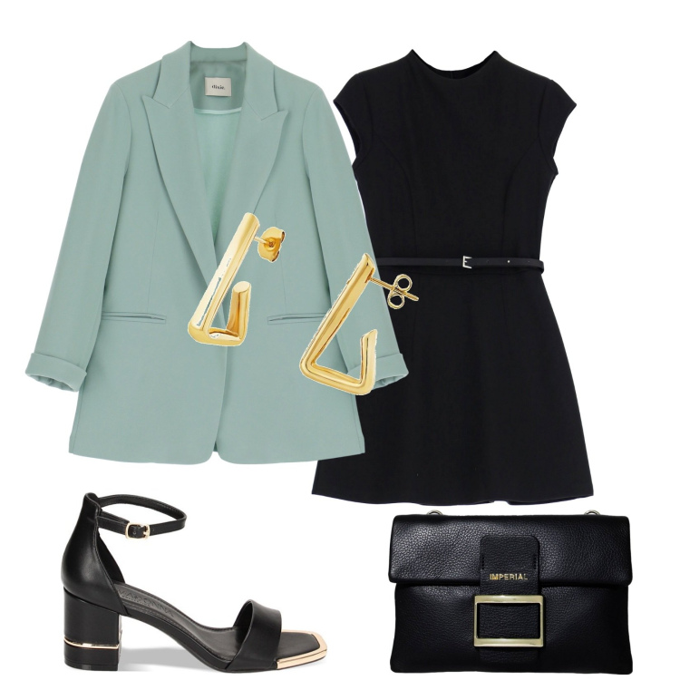 Outfit donna - Abito nero e blazer verde. Stile Glamour per Serata fuori. Abbinamento con orecchini, vestiti corti, pochette, sandali col tacco, blazer.