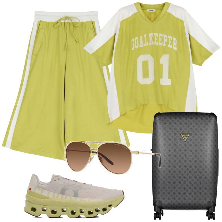 Outfit donna - Comoda e coordinata in viaggio. Stile Casual chic per Tutti i giorni. Abbinamento con bermuda, t-shirt, occhiali da sole, valigie, sneakers.