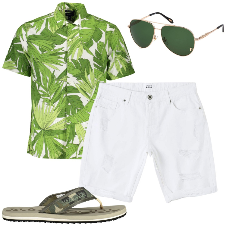 Outfit uomo - Al mare. Stile Trendy per Mare. Abbinamento con bermuda, camicie a manica corta, sandali, occhiali da sole.