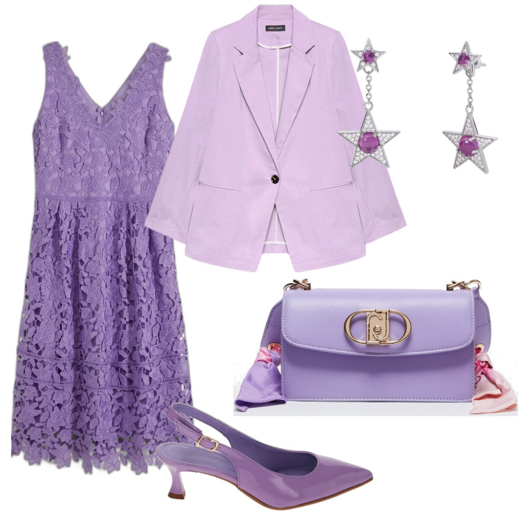 Outfit donna - Cerimonia in sfumature di viola. Stile Chic per Cerimonia. Abbinamento con vestiti, orecchini, décolleté, blazer, borse a tracolla.