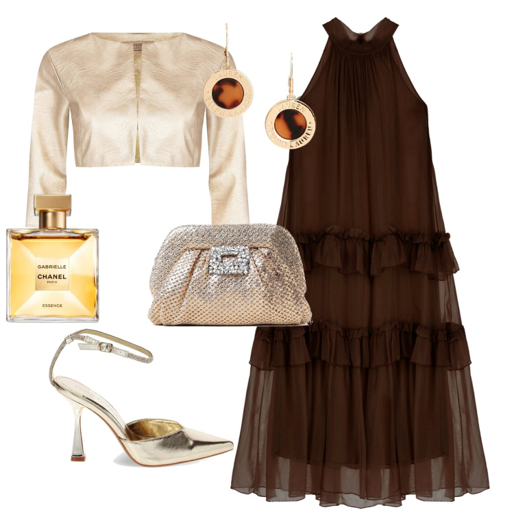 Outfit donna - Glamour serata evento. Stile Glamour per Serata fuori. Abbinamento con profumi, bolero, décolleté, vestiti lunghi, orecchini, clutch.