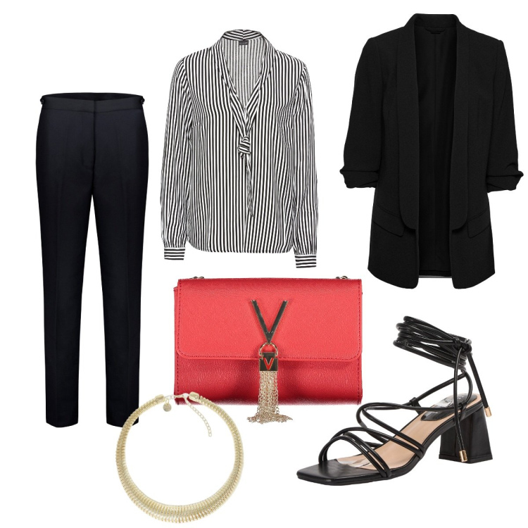 Outfit donna - Total look #1878561. Stile Bon Ton per Serata fuori. Abbinamento con bluse, blazer, sandali alla schiava, collane, pantaloni, borse a tracolla.
