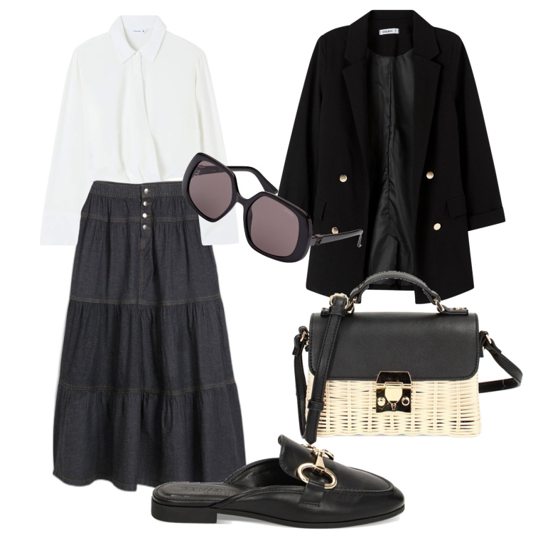 Outfit donna - Total look #1878568. Stile Trendy per Tutti i giorni. Abbinamento con gonne, bluse, blazer, sabot, borse a tracolla, occhiali da sole.