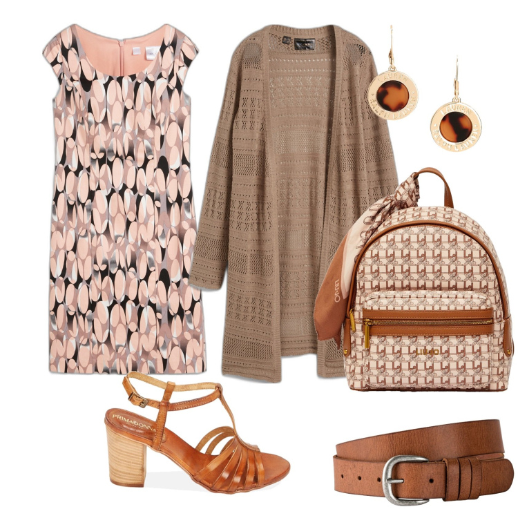 Outfit donna - Total look #1878592. Stile Casual chic per Ufficio. Abbinamento con cinture, vestiti a tubino, cardigans, sandali in pelle, orecchini, zaini.