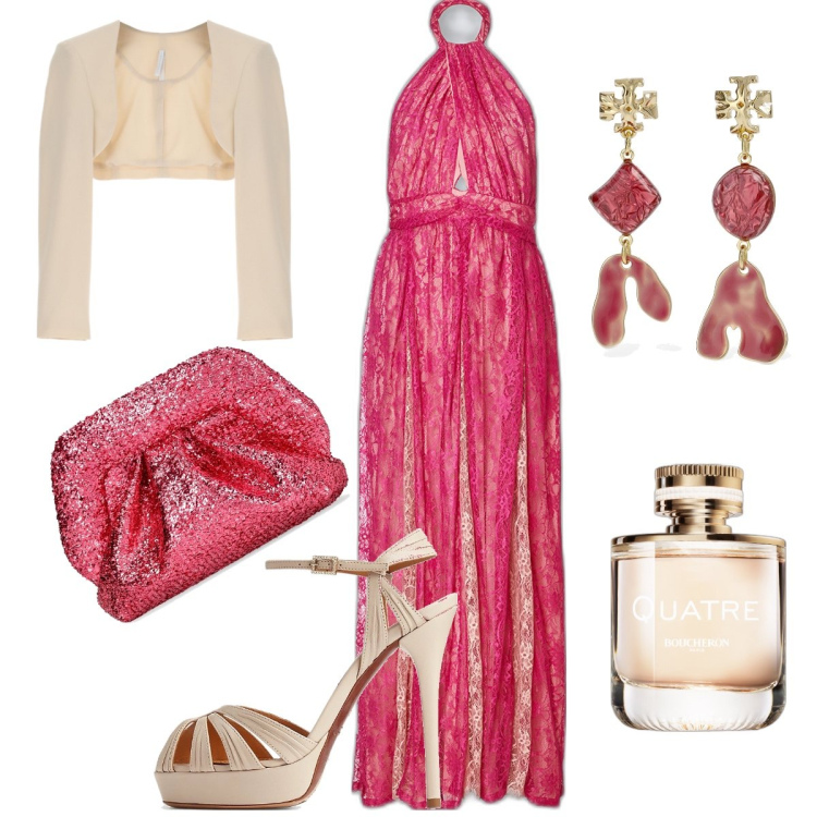 Outfit donna - Cerimonia. Stile Glamour per Cerimonia. Abbinamento con profumi, blazer, sandali in pelle, vestiti lunghi, pochette, orecchini.
